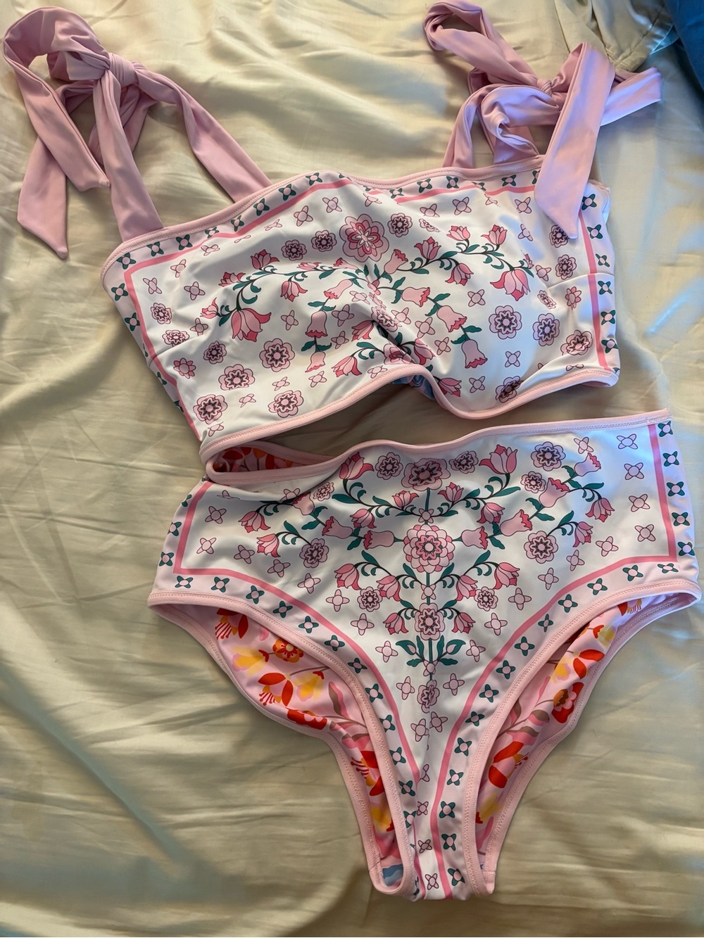 Pink Floral High-Waist Bikini Set by Jessie Zhao Tie-Shoulder Style Reversible